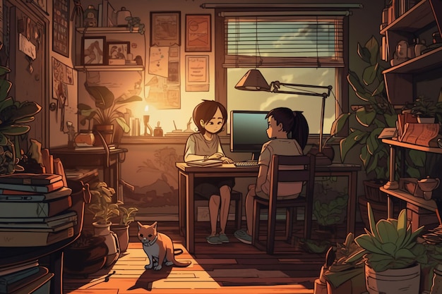 A cartoon of two people sitting at a desk in front of a computer screen that says'the cat '