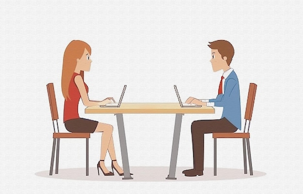 a cartoon of two people sitting at a table with laptops