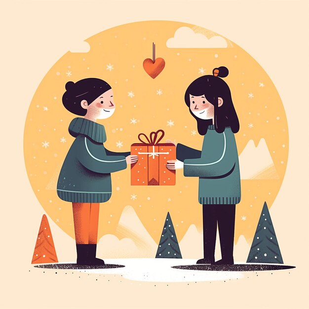 Photo a cartoon of two women giving a gift to a heart.