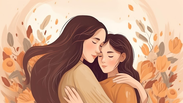 A cartoon of two women hugging each other.