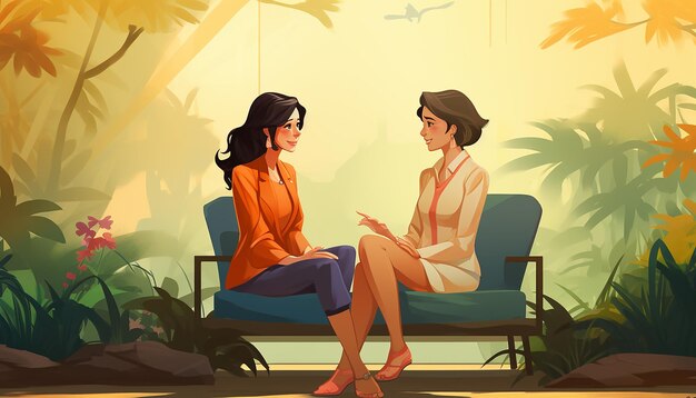 Photo a cartoon of two women sitting on a couch and talking