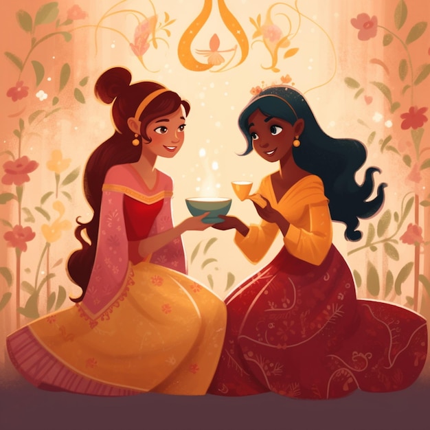 A cartoon of two women with a cup of tea.