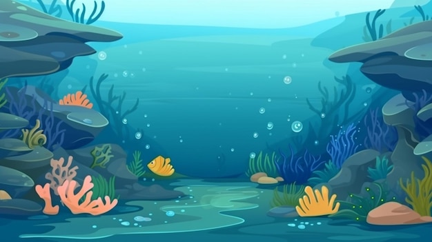 Photo cartoon underwater scene with corals and fish generative ai
