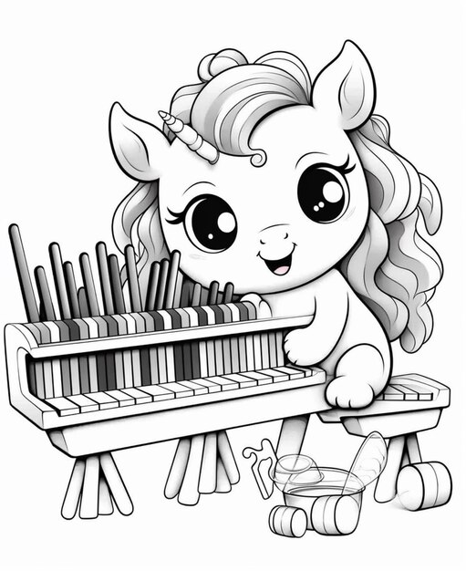 Photo a cartoon unicorn playing a musical instrument with a cup of coffee generative ai