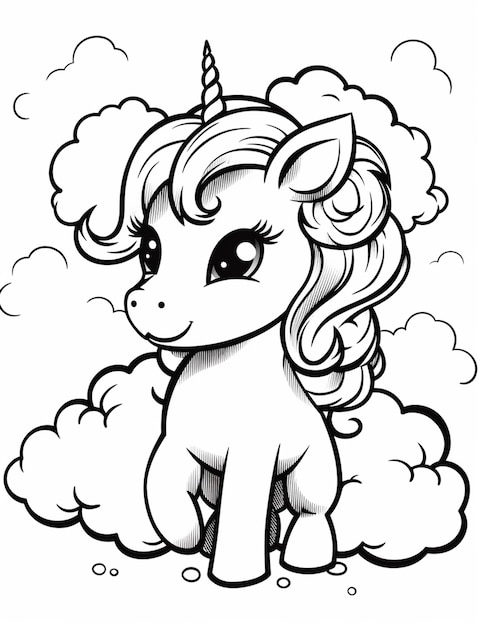 A cartoon unicorn sitting on a cloud with a horn generative ai