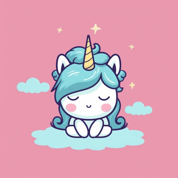 cartoon unicorn sitting on cloud with stars in the sky generative ai