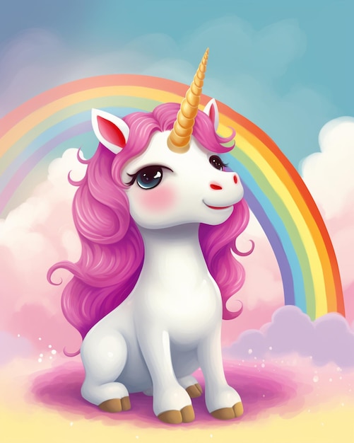 Cartoon unicorn sitting in the clouds with a rainbow in the background generative ai