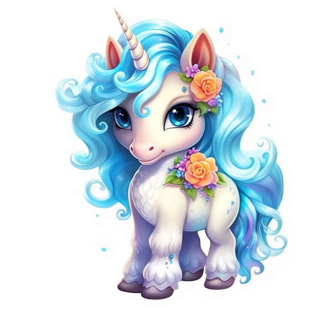 cartoon unicorn with blue hair and flowers on her head generative ai