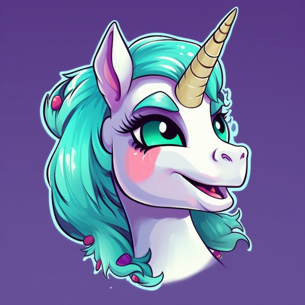 Cartoon unicorn with blue hair and a pink nose generative ai