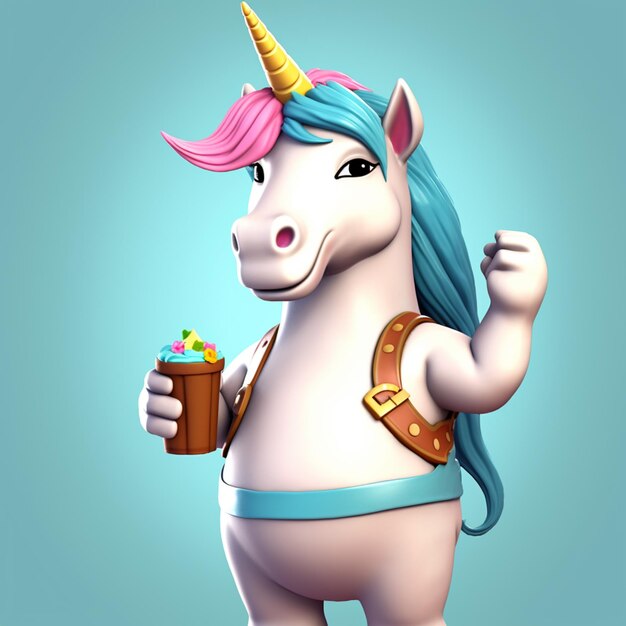 Photo cartoon unicorn with a cup of ice cream and a backpack generative ai