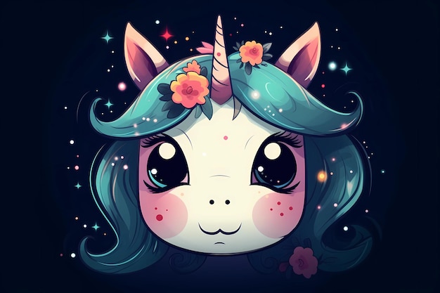 A cartoon unicorn with flowers on the head