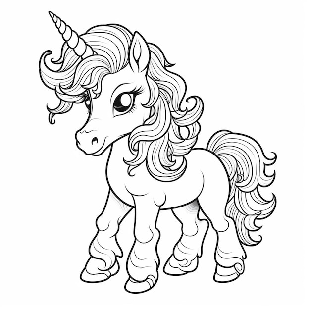 A cartoon unicorn with a long mane and a tail.