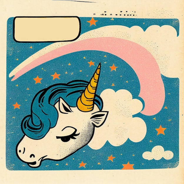 Foto un cartone animato di un unicorno con una nuvola rosa sullo sfondo.