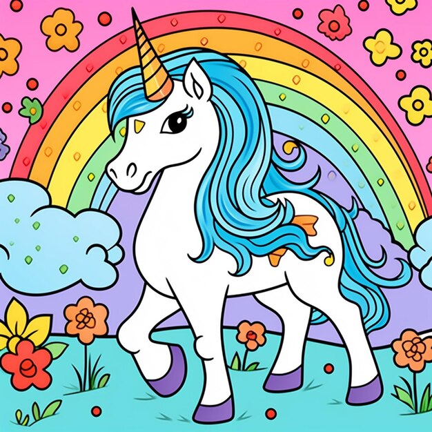 a cartoon unicorn with a rainbow in the background generative ai