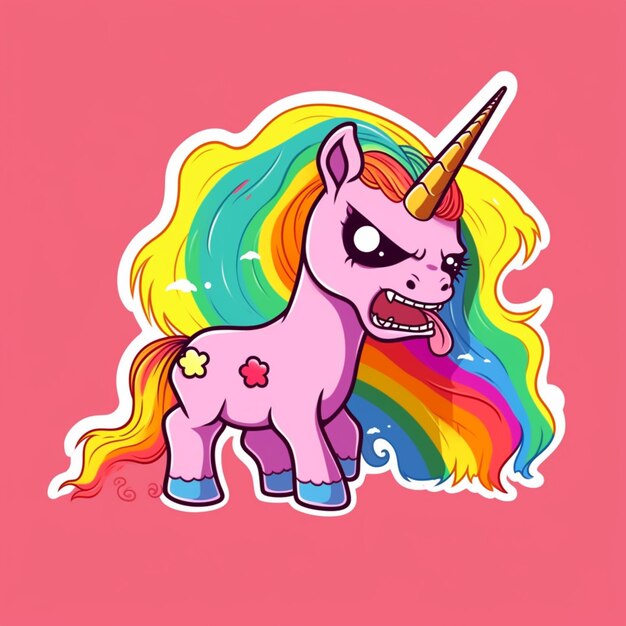 cartoon unicorn with rainbow hair and a big smile on a pink background generative ai