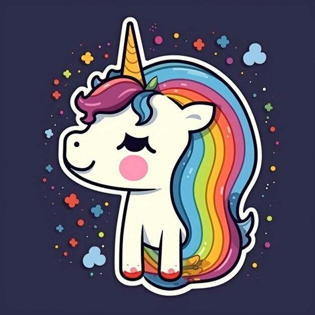 A cartoon unicorn with rainbow hair and a rainbow mane.