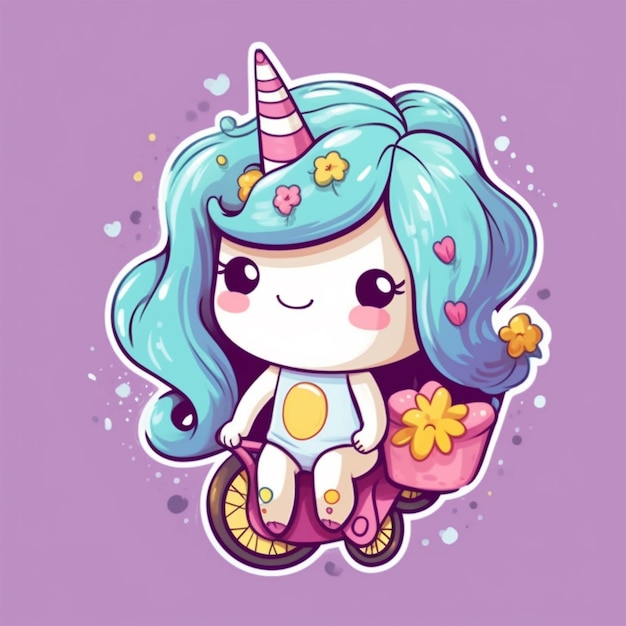 A cartoon unicorn with a rainbow hat and a flower in the middle.