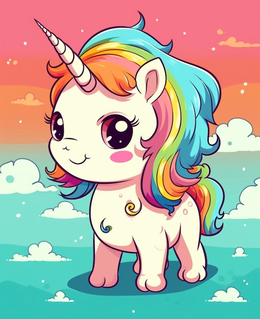 A cartoon unicorn with a rainbow mane and a rainbow on the tail.