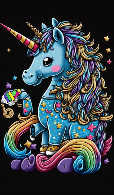 A cartoon unicorn with a rainbow mane and stars on it.