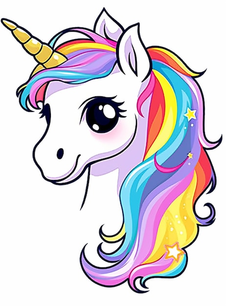 Photo a cartoon unicorn with a rainbow mane and stars on its head generative ai