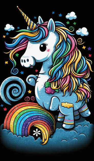 A cartoon of a unicorn with rainbows and stars on it.