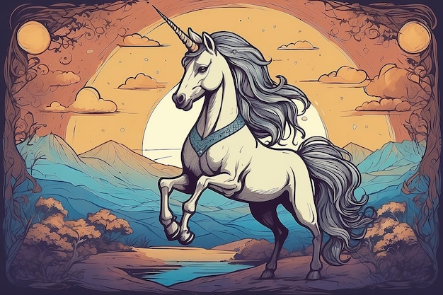 a cartoon of a unicorn with a sunset background arabian style