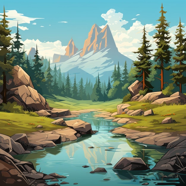 Cartoon Valley Sublime Wilderness met reflecterend water en levendige kleuren