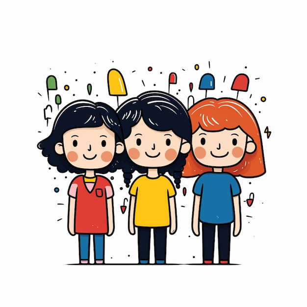 cartoon van drie mensen die samen staan met een heleboel confetti generatieve ai