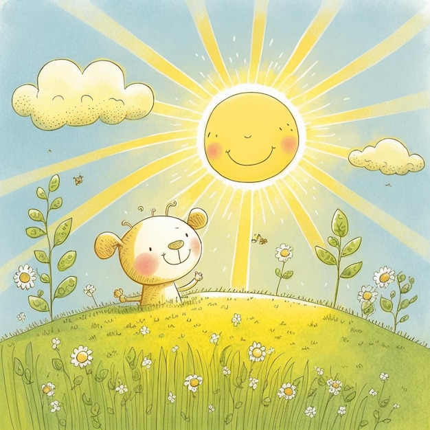 cartoon van een hond en een kat in een veld met een zon generatieve ai
