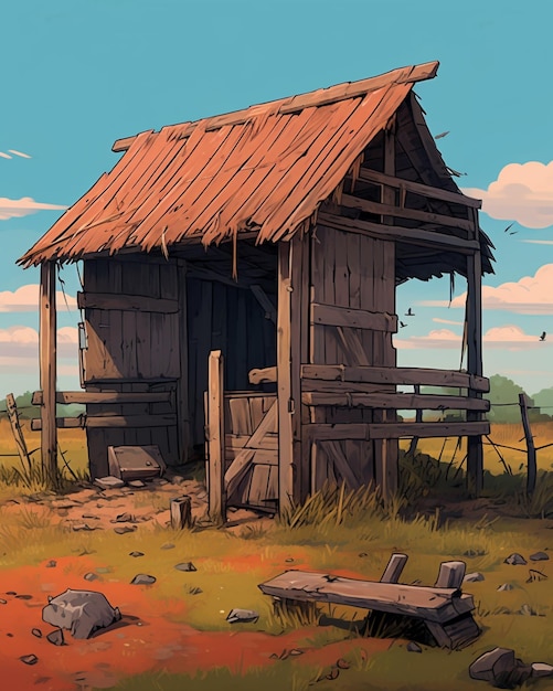 Cartoon van een kleine houten hut in een veld met een hek generatieve ai