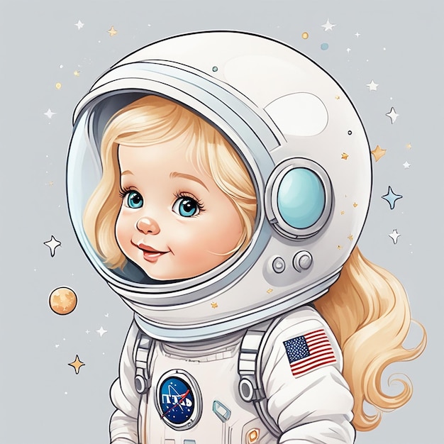 cartoon van een meisje in een schattig astronautenpak.