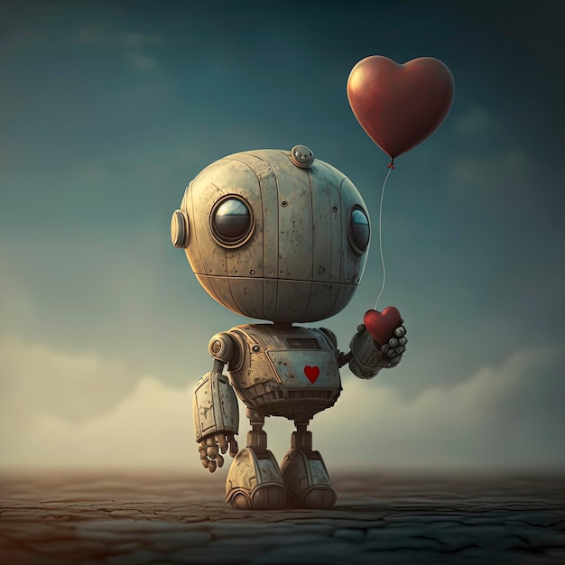 Cartoon van een robot die een hartvormige ballon vasthoudt