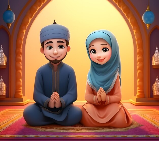 Foto cartoon van een schattig moslimpaar traditionele ramadan achtergrond