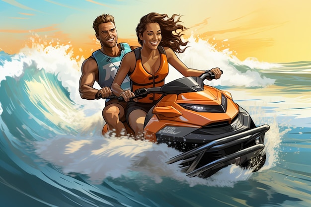 Foto cartoon van een stel dat op een jet ski rijdt op een golf generatieve ai