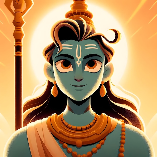 Cartoon van Heer Shiva met een halo en een vreedzame uitdrukking