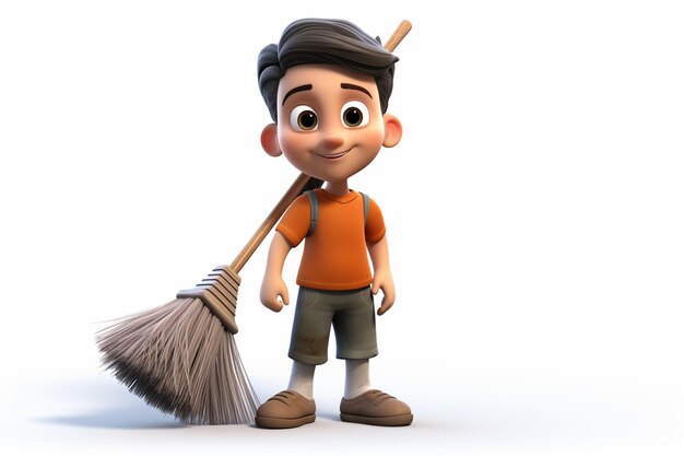 Cartoon van jongen met bezem en vuilnis 3D-karakter