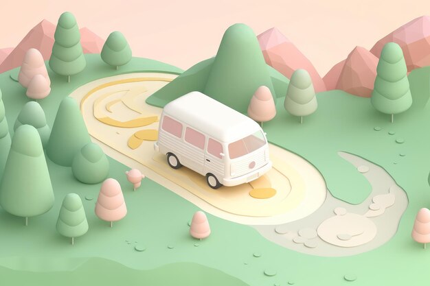 A cartoon of a van on a road with mountains in the background