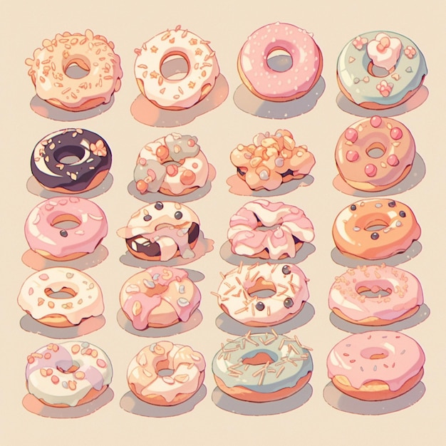 Photo a cartoon of a variety of donuts with different flavors.