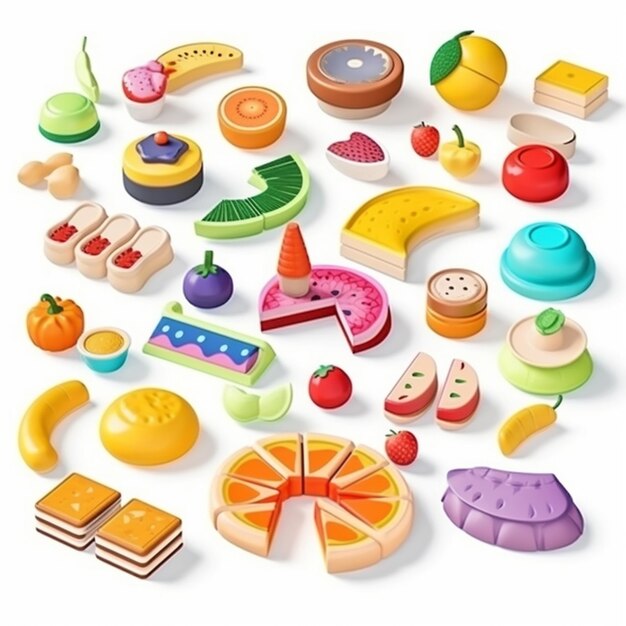 A cartoon of various food items including a variety of food.