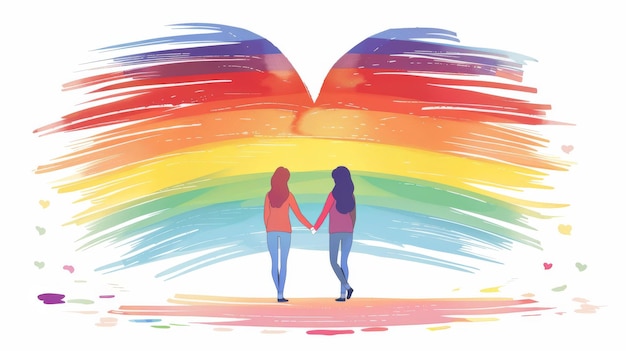 Foto illustrazione vettoriale 2d di una coppia lgbtq minimalista che si tiene per mano con un cuore arcobaleno sullo sfondo
