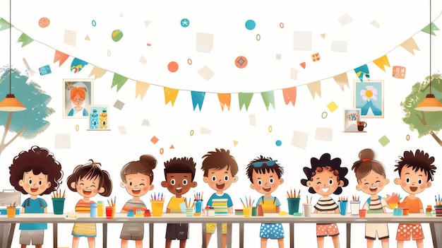 Foto illustrazione vettoriale di cartoni animati di bambini che partecipano alle attività artistiche e artigianali di juneteenth con tavoli pieni di vernici, marcatori e decorazioni festive