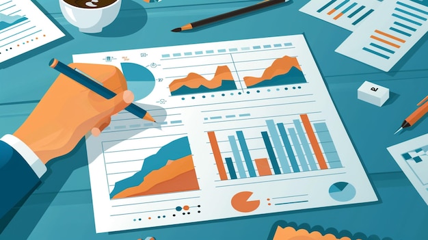 Cartoon vector person reviewing a business plan on a desk with charts and graphs Generative AI
