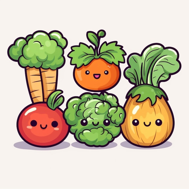 Photo cartoon vegetables with faces and eyes are grouped together generative ai