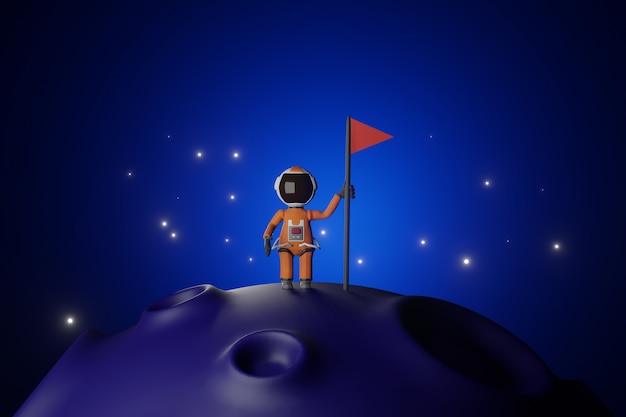 月に立つ旗のある宇宙飛行士宇宙飛行士の漫画版デザインブルートーン3Dレンダリング