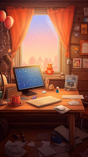 Photo cartoon view of desk with computer and decorations