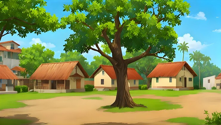 Иллюстрация мультфильма деревни фоновое изображение премиум