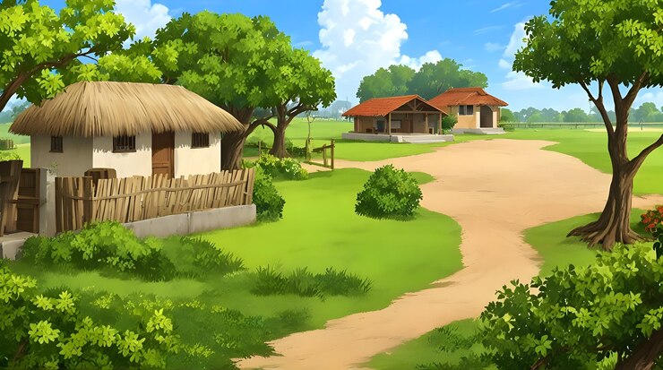 Иллюстрация мультфильма деревни фоновое изображение премиум