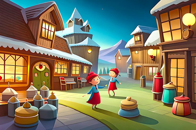 Cartoon village landscape background for a seasonal celebration