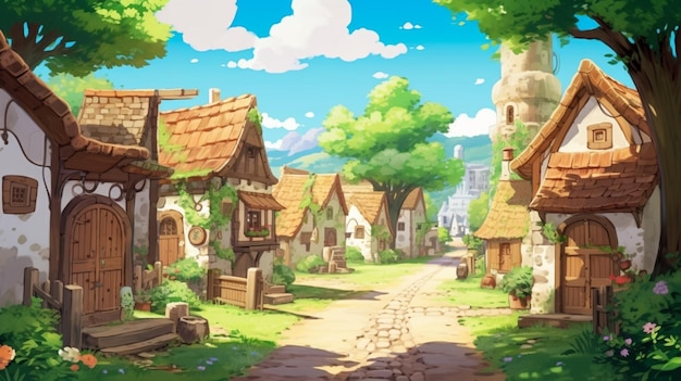 Cartoon village with a pathway and a pathway leading to the houses generative ai