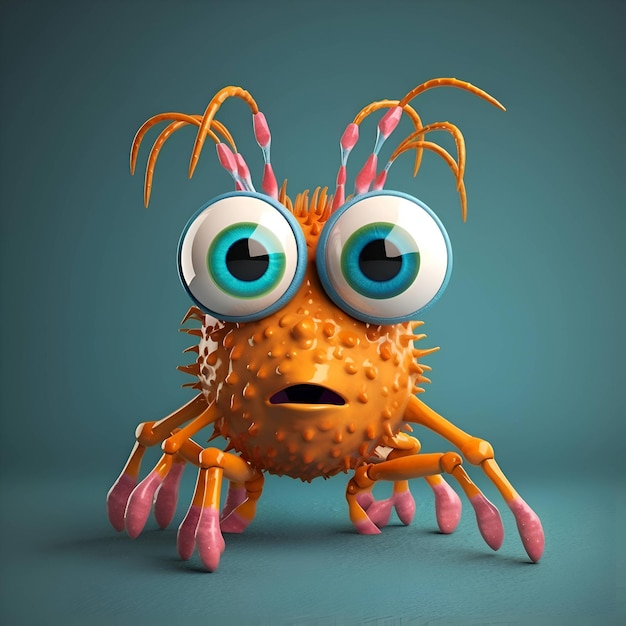 Cartoon virus with big eyes on blue background 3d illustration